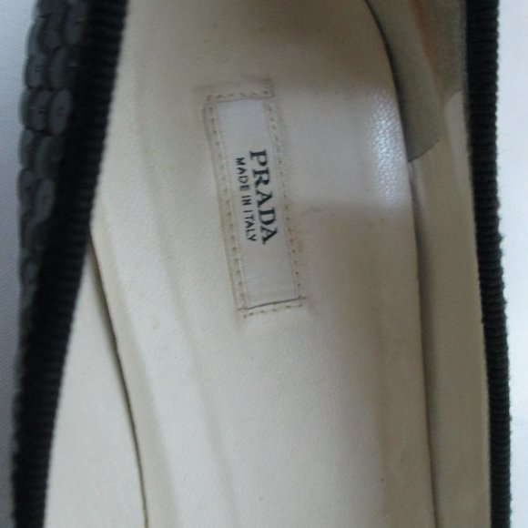 PRADA Vintage black Sequin Satin Leather flats with bow Italy slides Size 37 7 - Picture 10 of 14